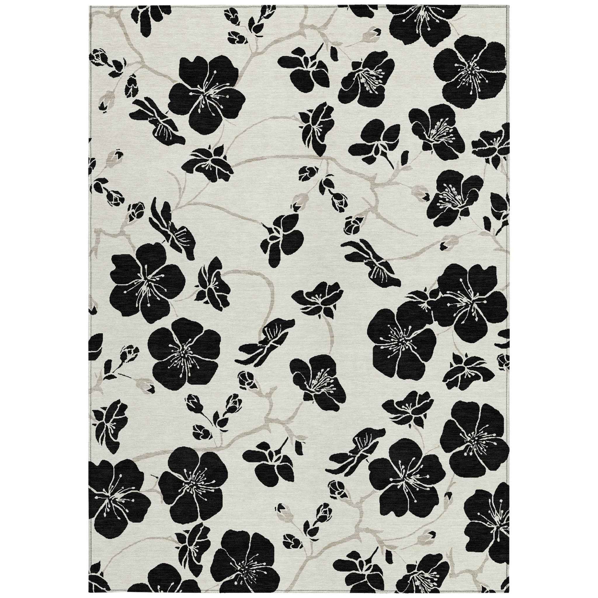 8' X 10' Ivory And Black Floral Washable Indoor Outdoor Area Rug