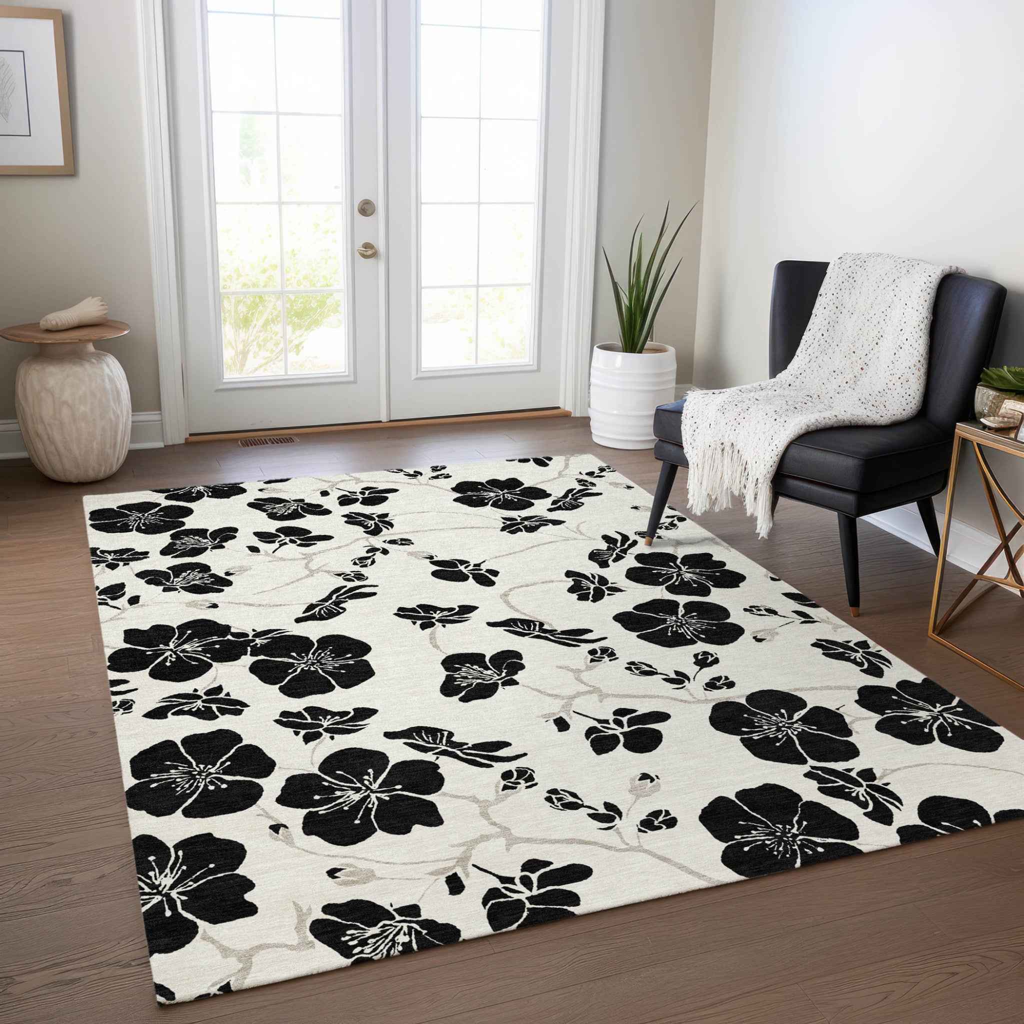 8' X 10' Ivory And Black Floral Washable Indoor Outdoor Area Rug