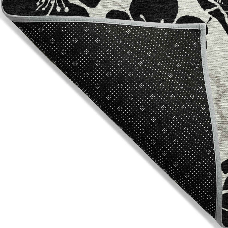 8' X 10' Ivory And Black Floral Washable Indoor Outdoor Area Rug