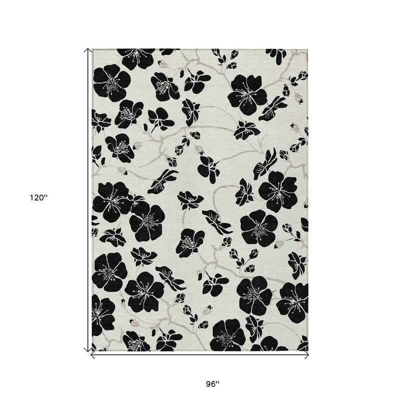 8' X 10' Ivory And Black Floral Washable Indoor Outdoor Area Rug