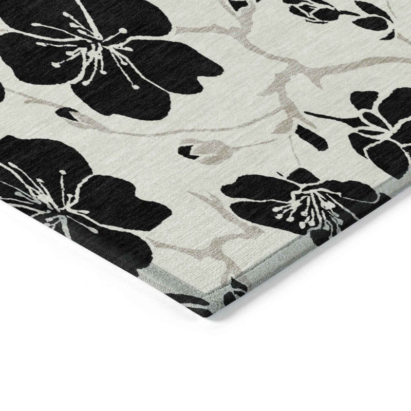 8' X 10' Ivory And Black Floral Washable Indoor Outdoor Area Rug