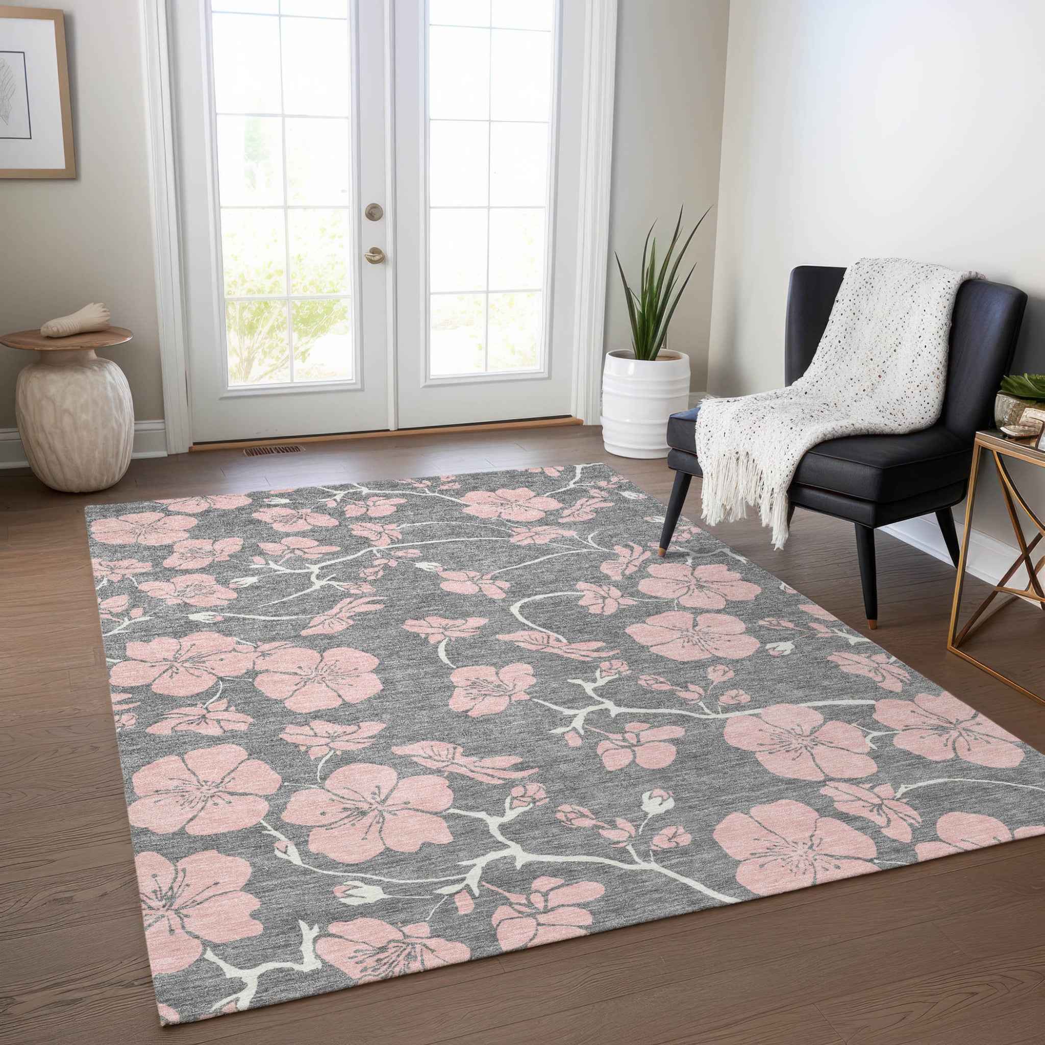 3' X 5' Gray Pink And Ivory Floral Washable Indoor Outdoor Area Rug