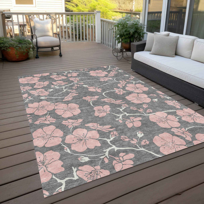 3' X 5' Gray Pink And Ivory Floral Washable Indoor Outdoor Area Rug