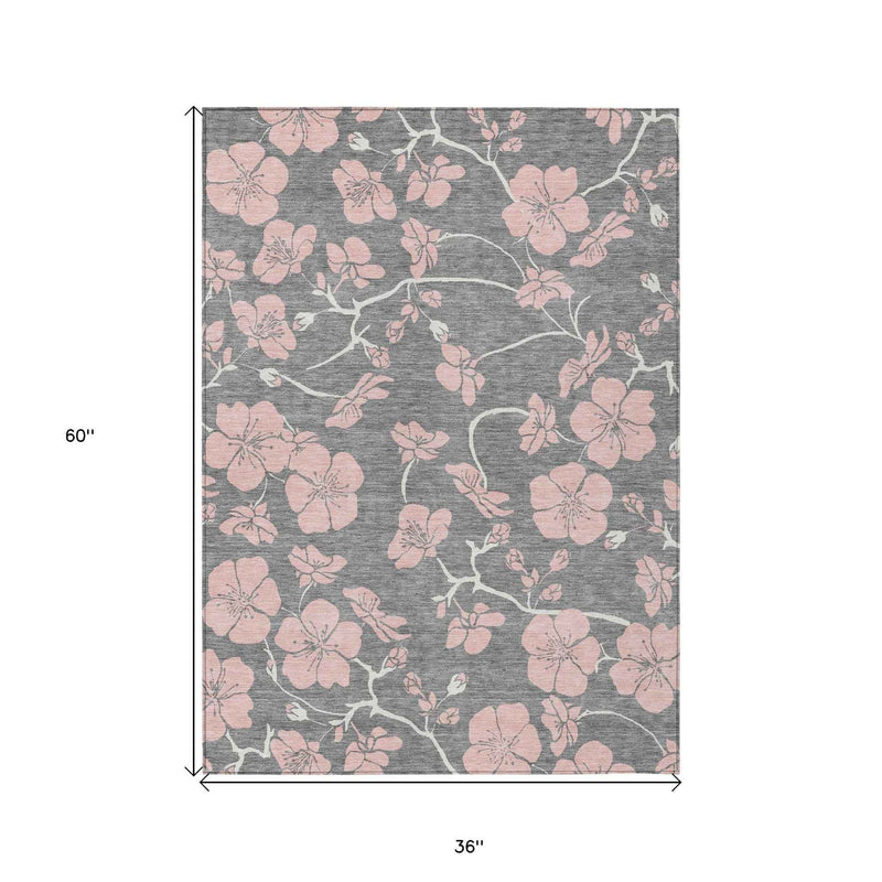 3' X 5' Gray Pink And Ivory Floral Washable Indoor Outdoor Area Rug