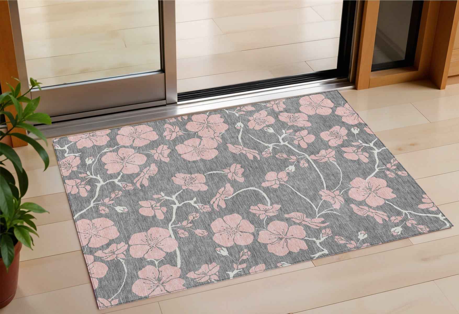 3' X 5' Gray Pink And Ivory Floral Washable Indoor Outdoor Area Rug