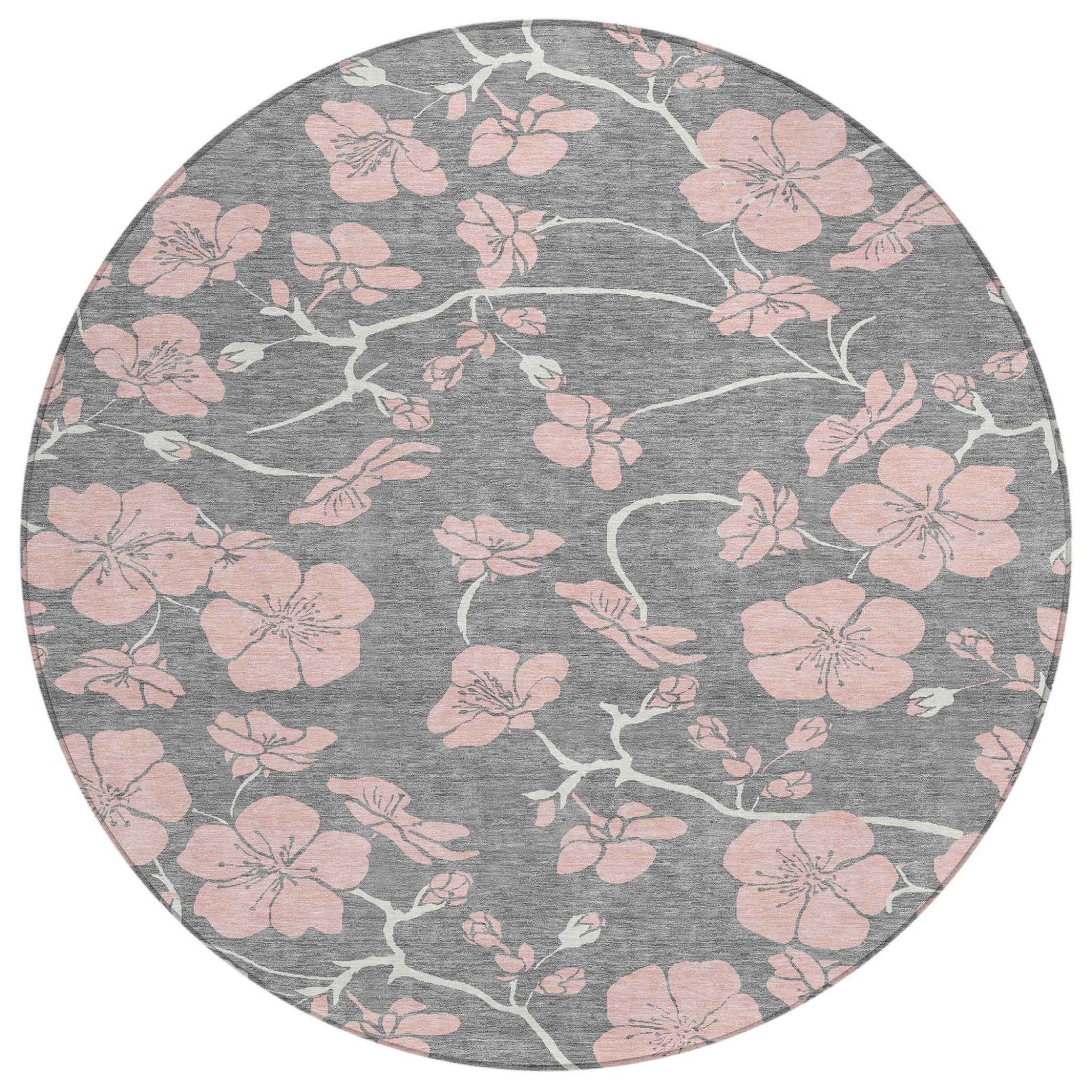 8' Gray Pink And Ivory Round Floral Washable Indoor Outdoor Area Rug