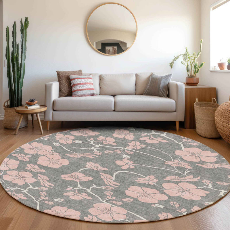 8' Gray Pink And Ivory Round Floral Washable Indoor Outdoor Area Rug