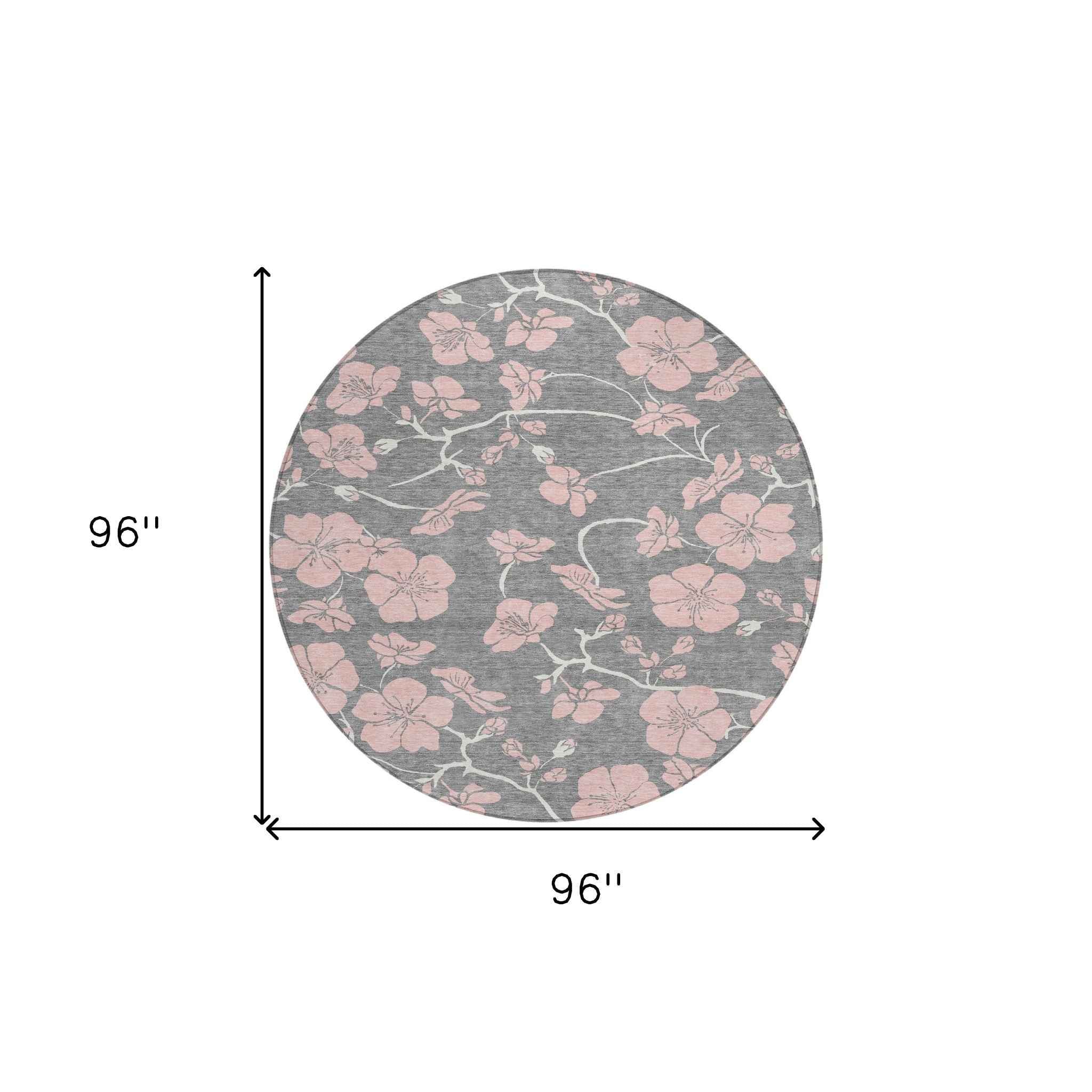 8' Gray Pink And Ivory Round Floral Washable Indoor Outdoor Area Rug