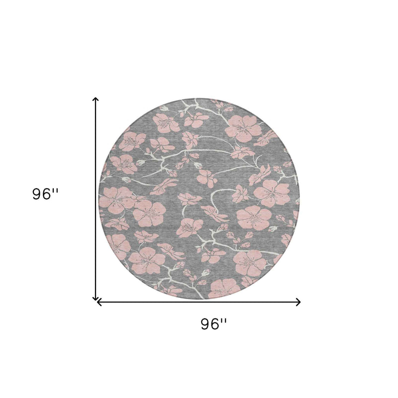 8' Gray Pink And Ivory Round Floral Washable Indoor Outdoor Area Rug