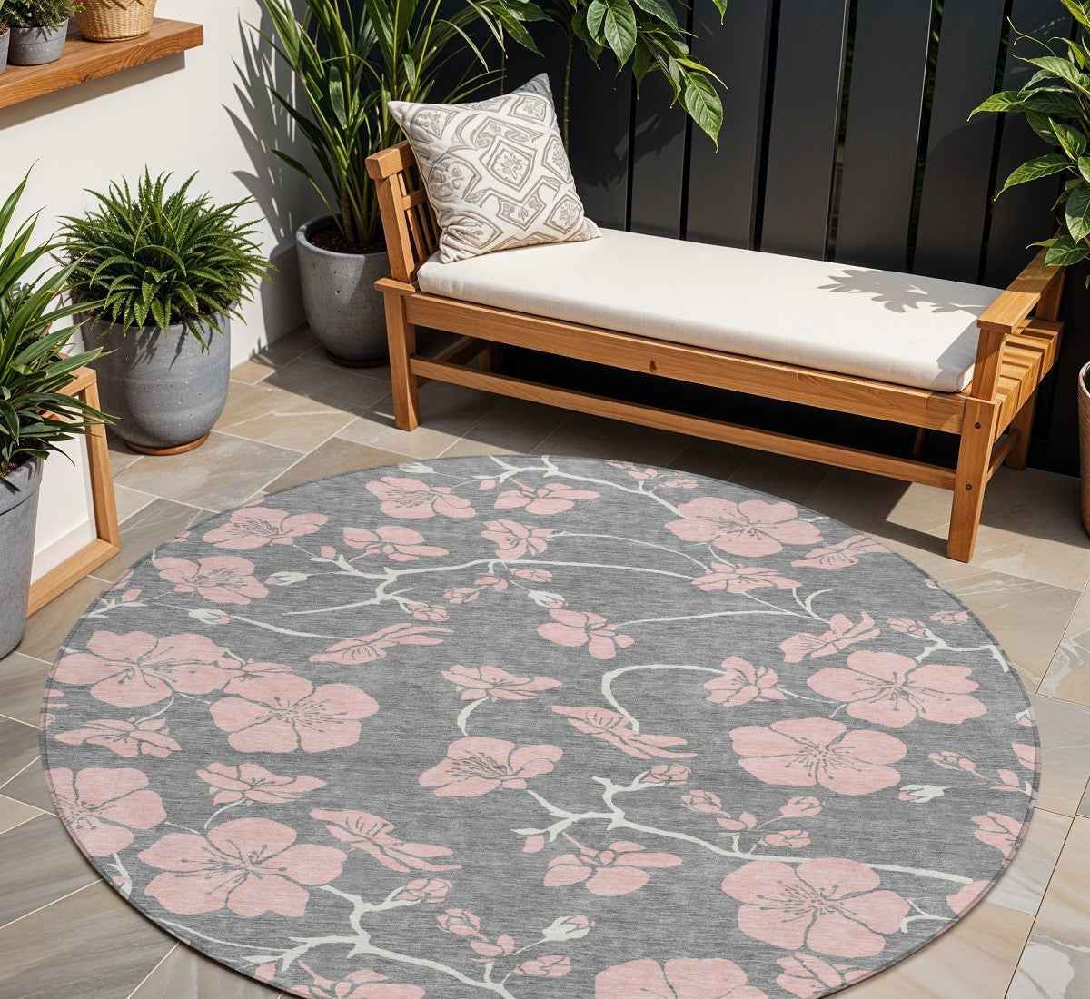 8' Gray Pink And Ivory Round Floral Washable Indoor Outdoor Area Rug