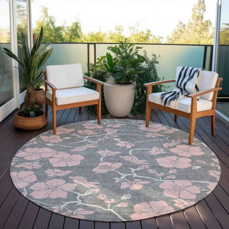 8' Gray Pink And Ivory Round Floral Washable Indoor Outdoor Area Rug