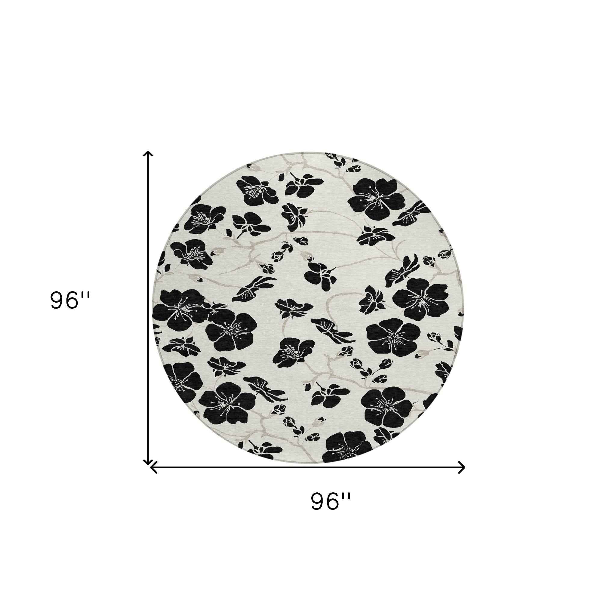 8' Ivory And Black Round Floral Washable Indoor Outdoor Area Rug