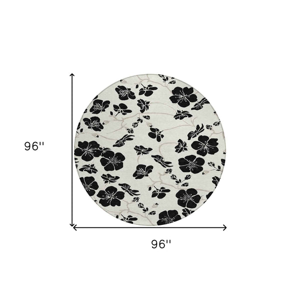 8' Ivory And Black Round Floral Washable Indoor Outdoor Area Rug