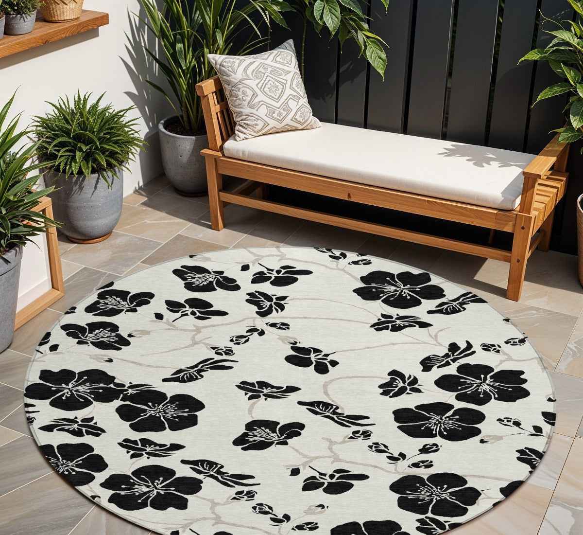 8' Ivory And Black Round Floral Washable Indoor Outdoor Area Rug