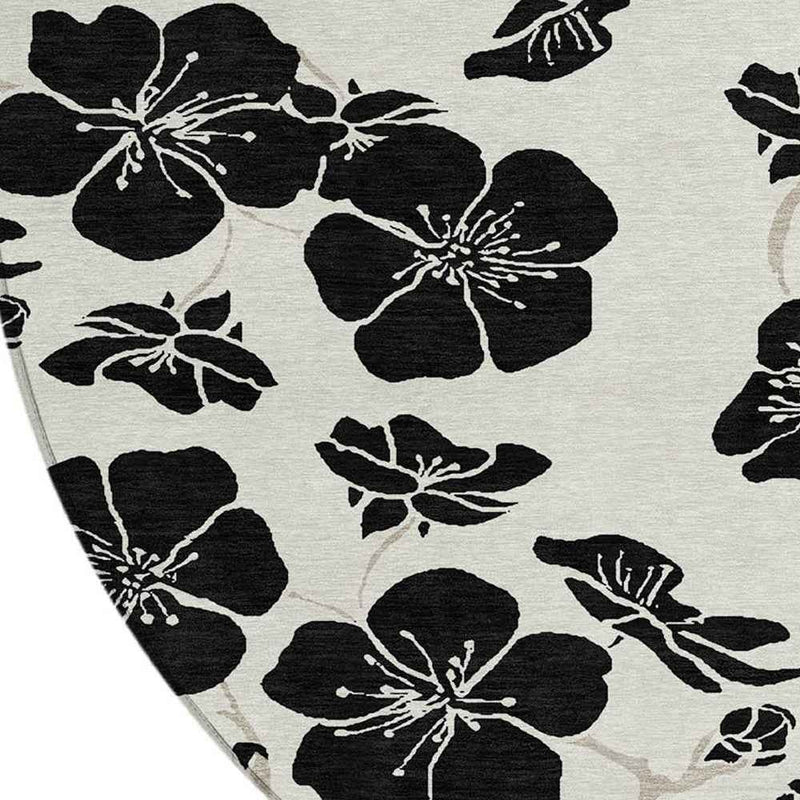 8' Ivory And Black Round Floral Washable Indoor Outdoor Area Rug