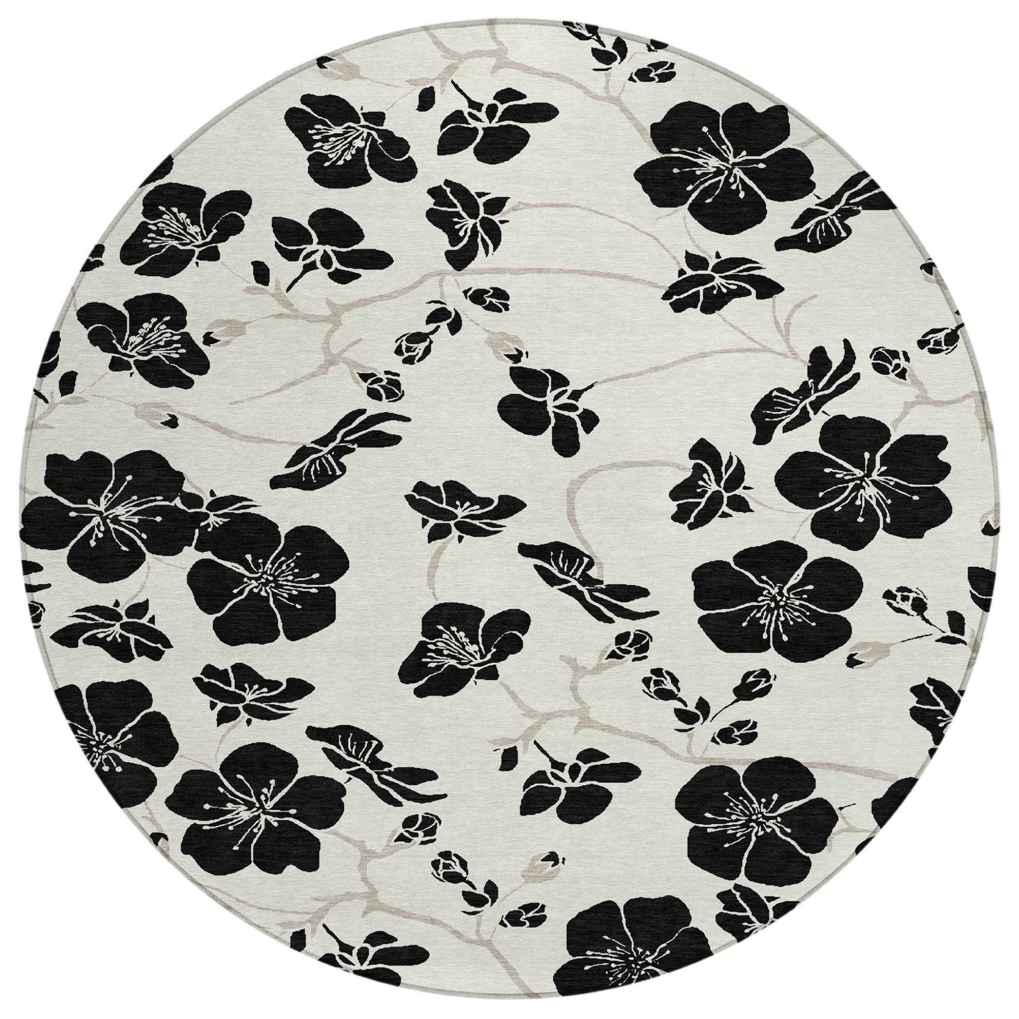 8' Ivory And Black Round Floral Washable Indoor Outdoor Area Rug
