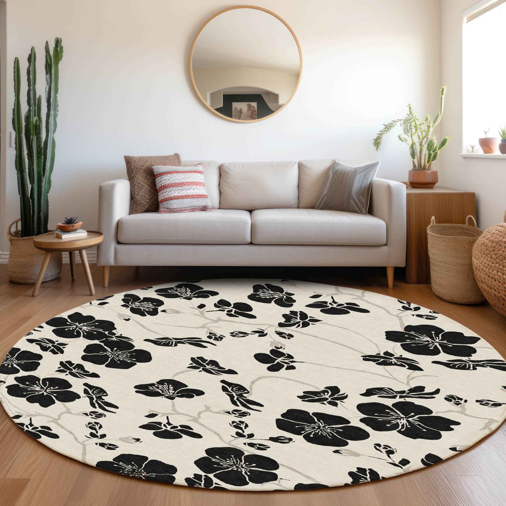 8' Ivory And Black Round Floral Washable Indoor Outdoor Area Rug