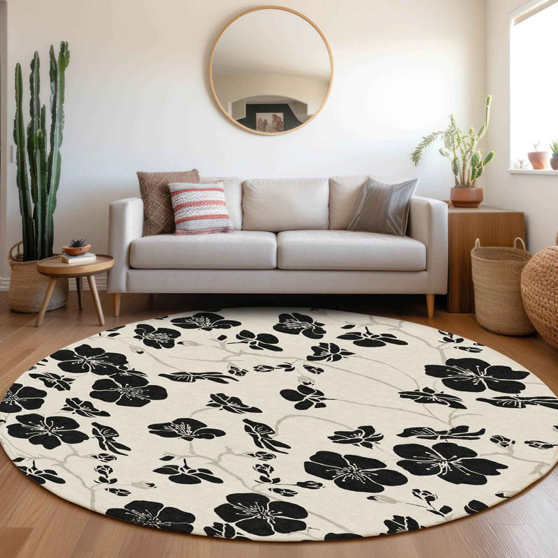 8' Ivory And Black Round Floral Washable Indoor Outdoor Area Rug