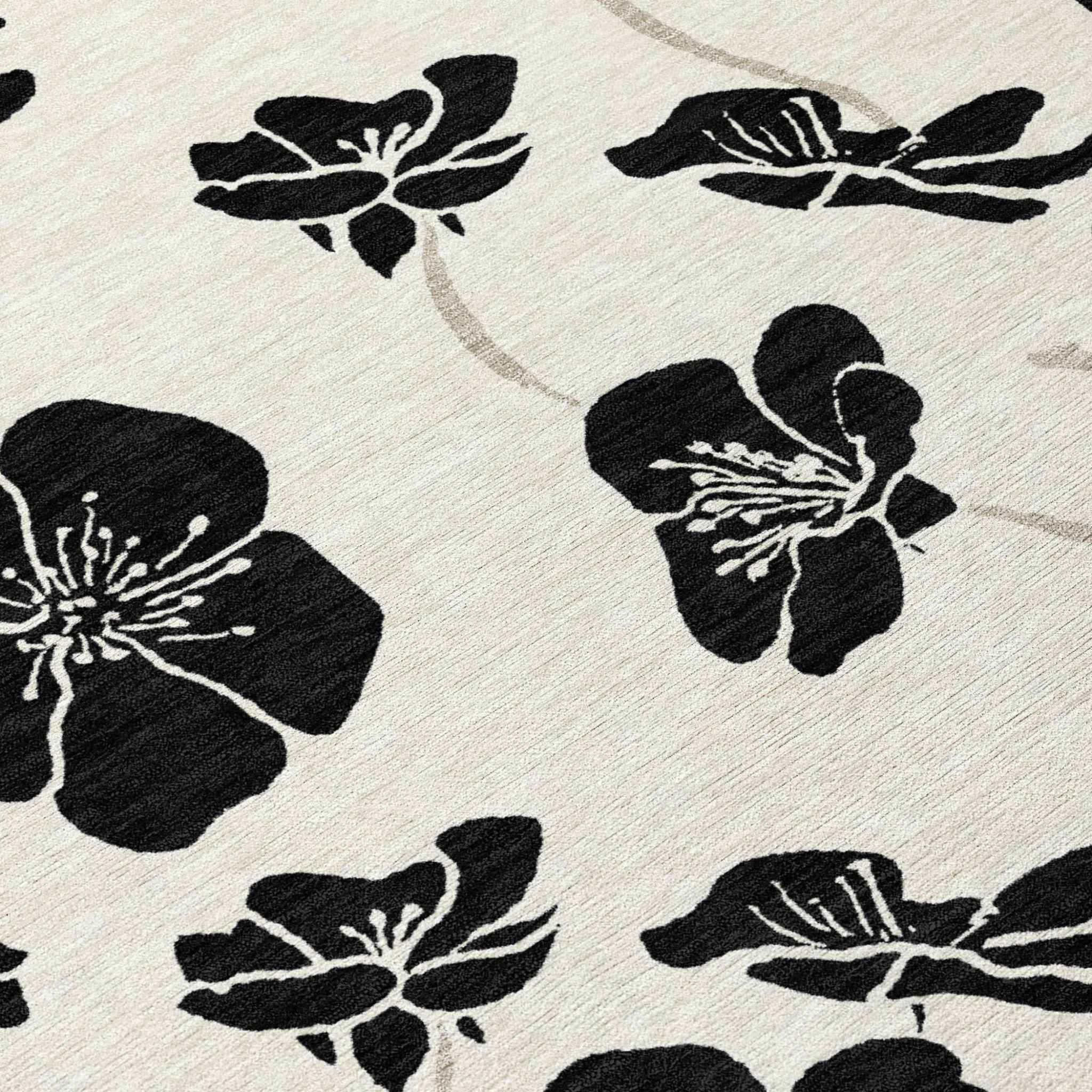 8' Ivory And Black Round Floral Washable Indoor Outdoor Area Rug