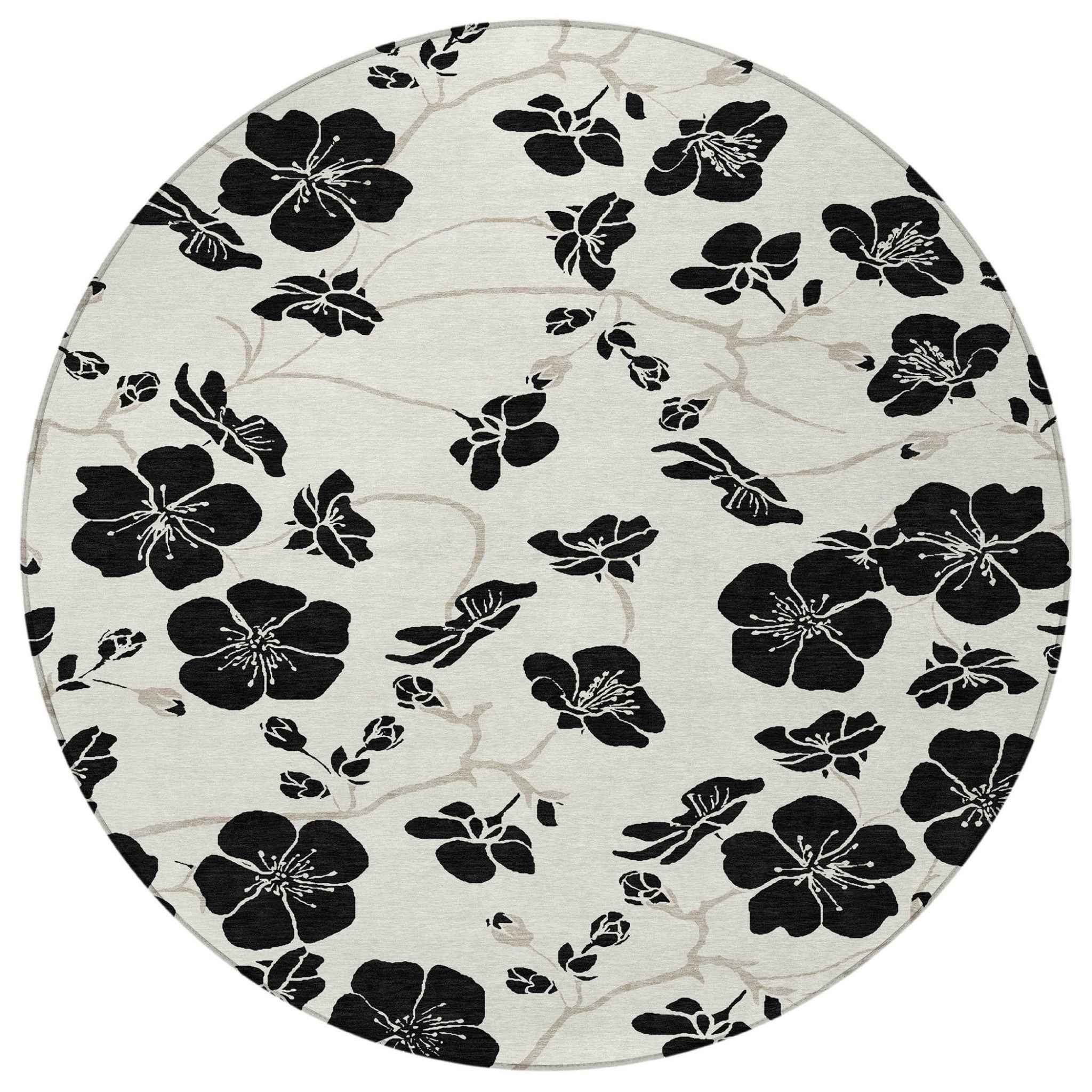 8' Ivory And Black Round Floral Washable Indoor Outdoor Area Rug