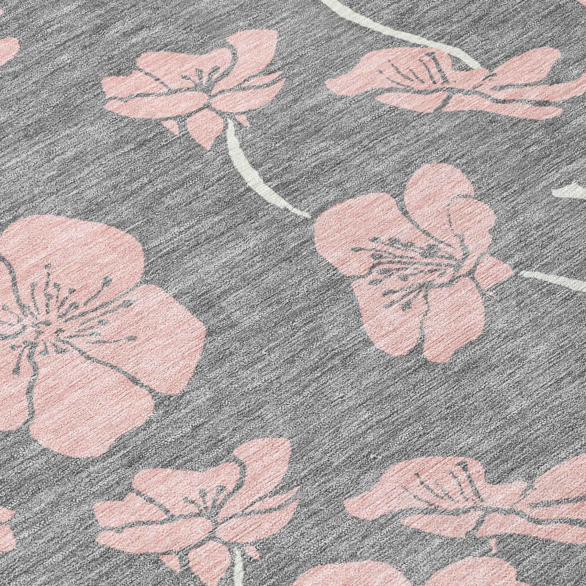 8' X 10' Gray Pink And Ivory Floral Washable Indoor Outdoor Area Rug