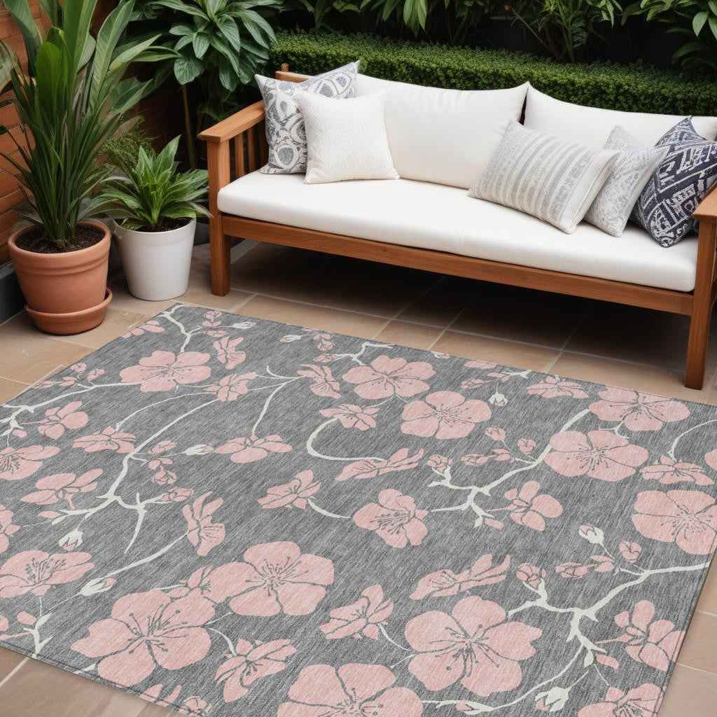 8' X 10' Gray Pink And Ivory Floral Washable Indoor Outdoor Area Rug