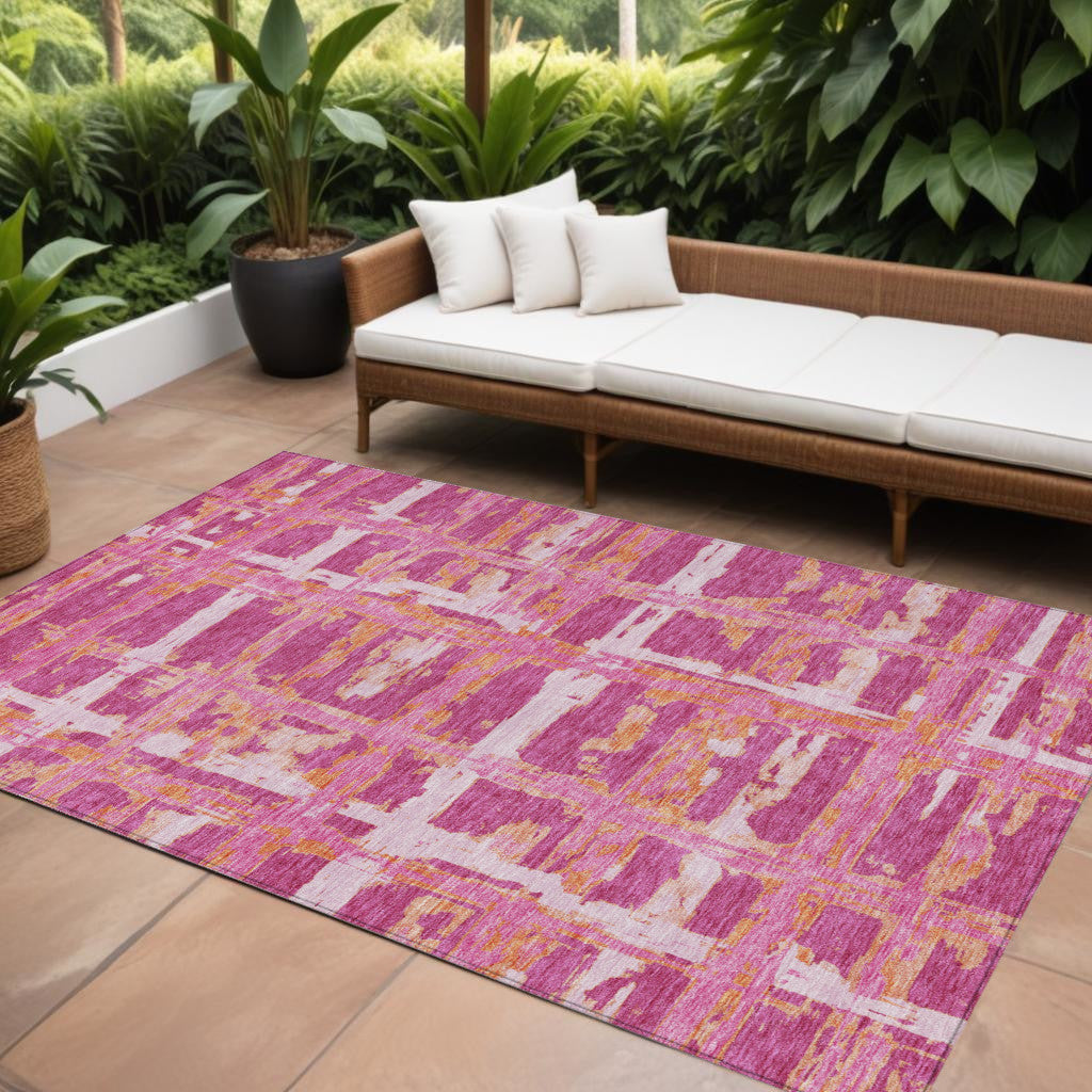 10' X 14' Blush Pink And Orange Striped Washable Indoor Outdoor Area Rug - Sports & Outdoor