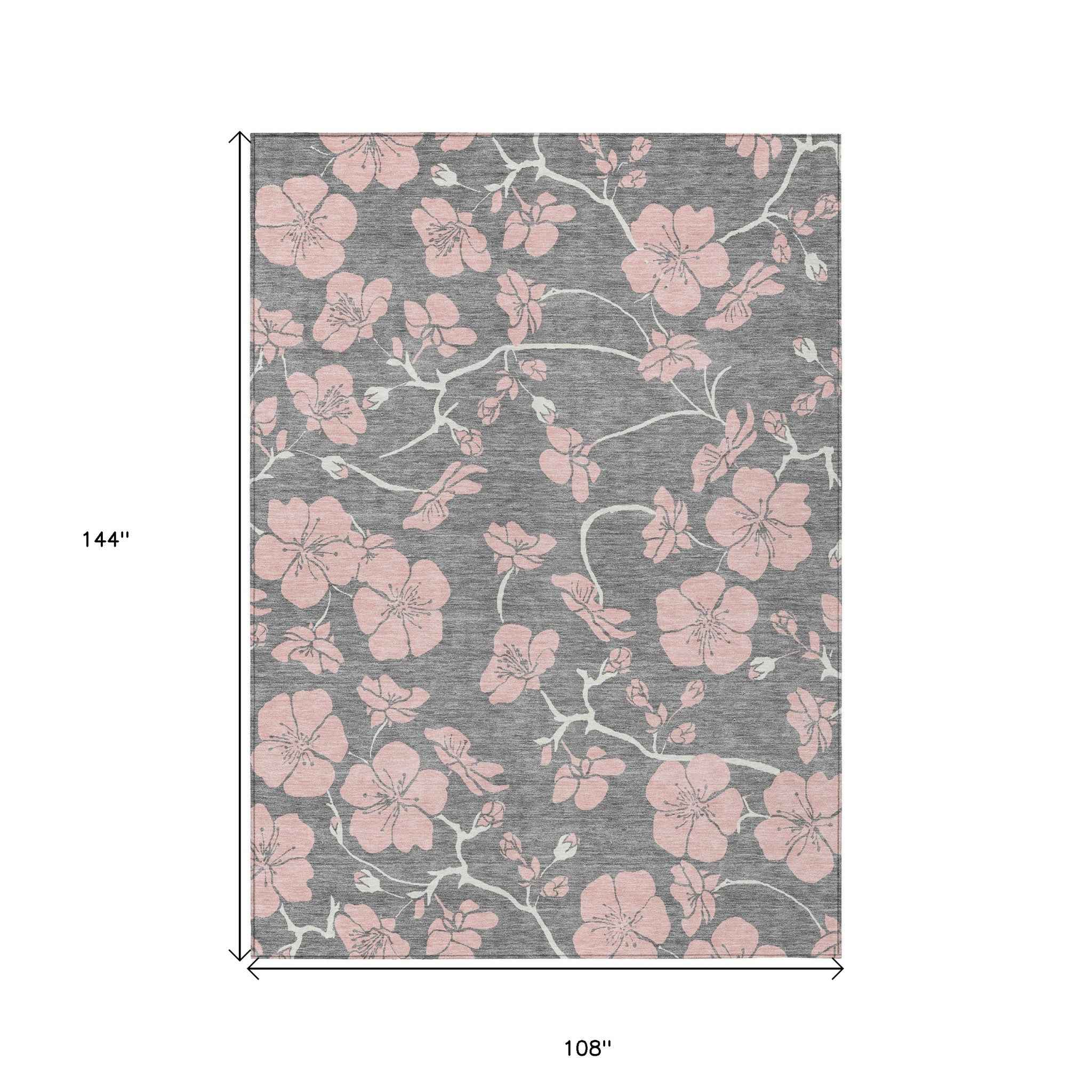 9' X 12' Gray Pink And Ivory Floral Washable Indoor Outdoor Area Rug