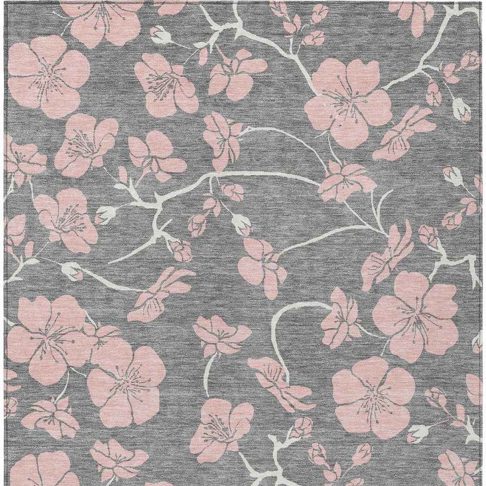 9' X 12' Gray Pink And Ivory Floral Washable Indoor Outdoor Area Rug