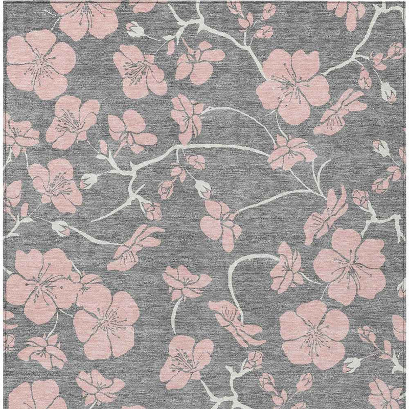 9' X 12' Gray Pink And Ivory Floral Washable Indoor Outdoor Area Rug