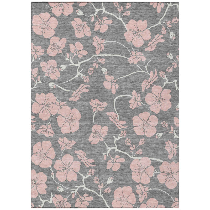 9' X 12' Gray Pink And Ivory Floral Washable Indoor Outdoor Area Rug