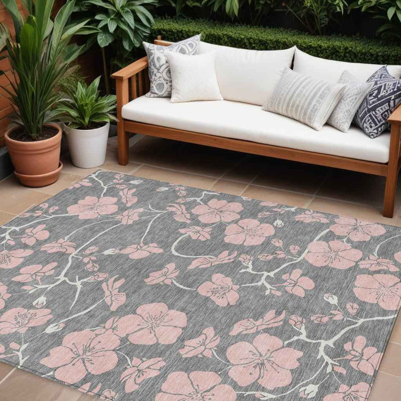 9' X 12' Gray Pink And Ivory Floral Washable Indoor Outdoor Area Rug