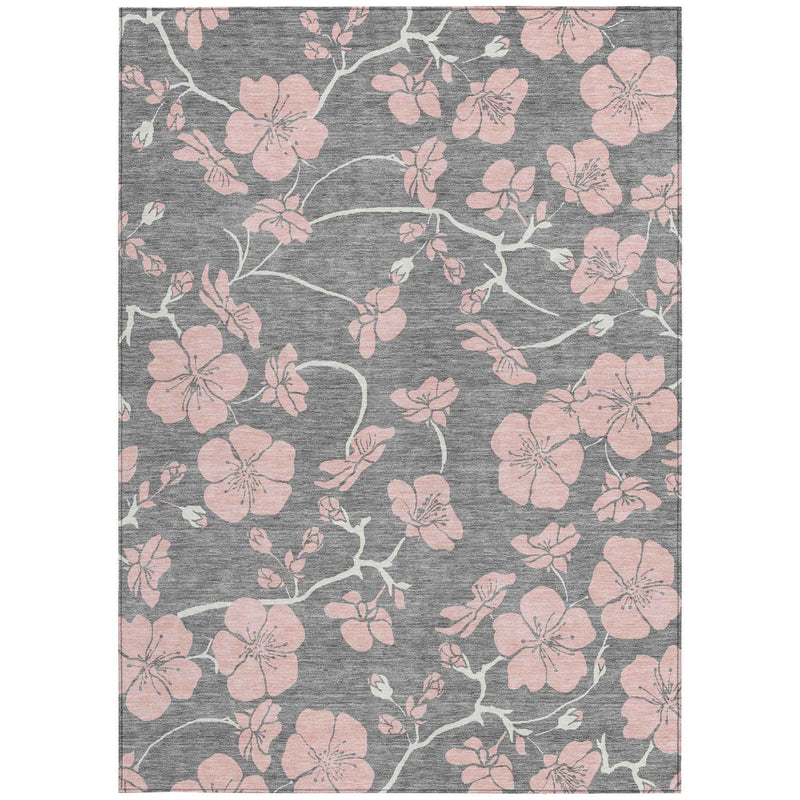 9' X 12' Gray Pink And Ivory Floral Washable Indoor Outdoor Area Rug