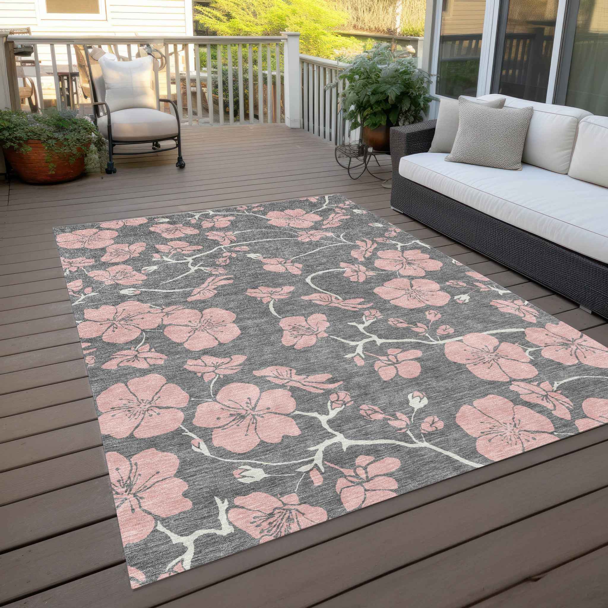 9' X 12' Gray Pink And Ivory Floral Washable Indoor Outdoor Area Rug