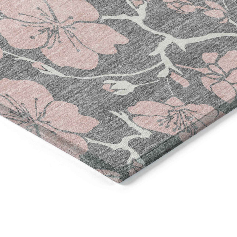 9' X 12' Gray Pink And Ivory Floral Washable Indoor Outdoor Area Rug