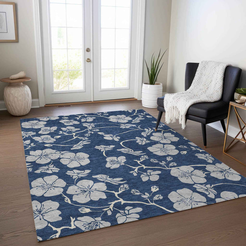 3' X 5' Navy Blue And Gray Floral Washable Indoor Outdoor Area Rug