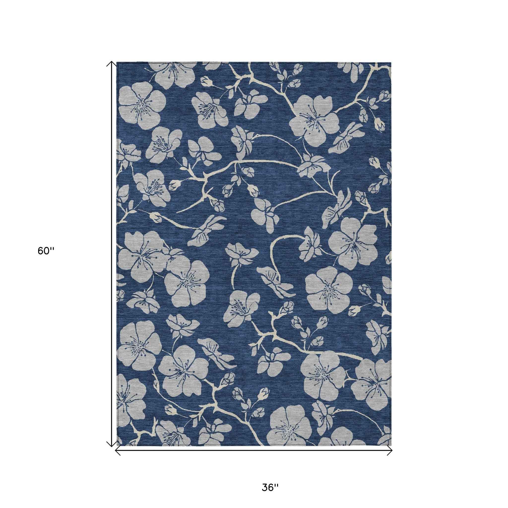 3' X 5' Navy Blue And Gray Floral Washable Indoor Outdoor Area Rug