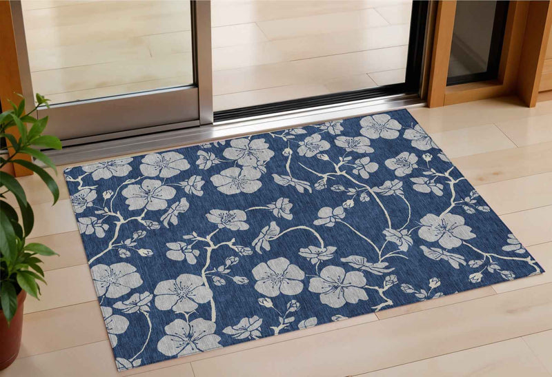 3' X 5' Navy Blue And Gray Floral Washable Indoor Outdoor Area Rug