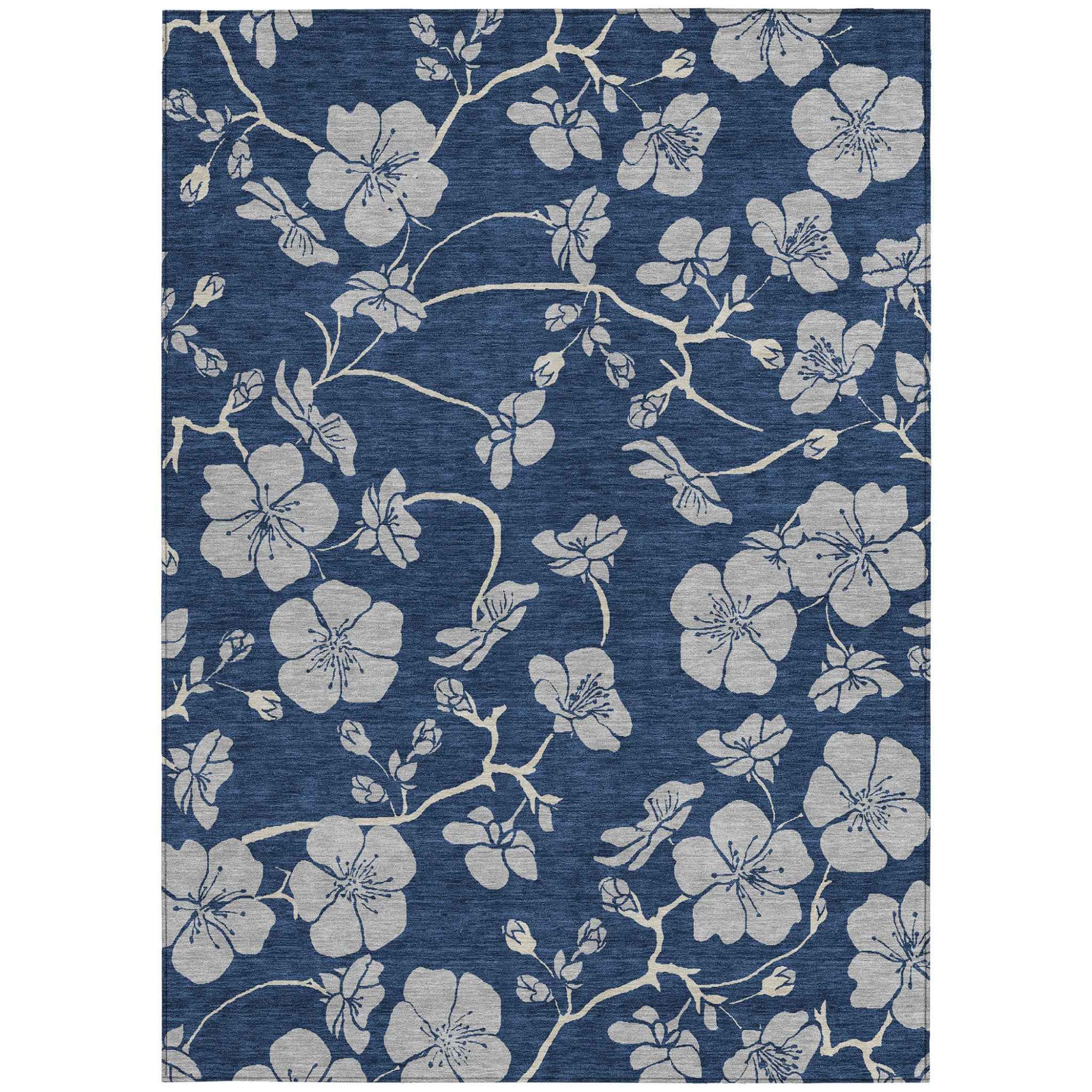 3' X 5' Navy Blue And Gray Floral Washable Indoor Outdoor Area Rug