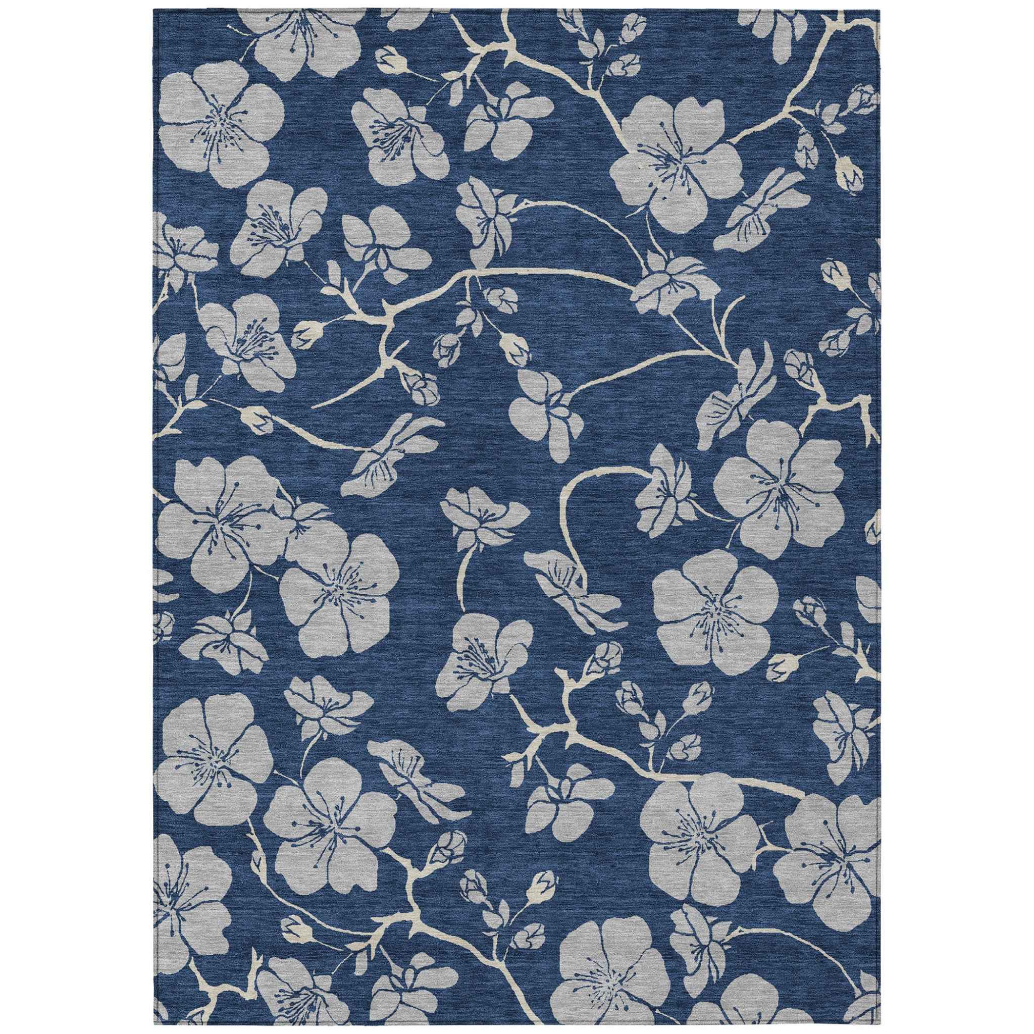 3' X 5' Navy Blue And Gray Floral Washable Indoor Outdoor Area Rug