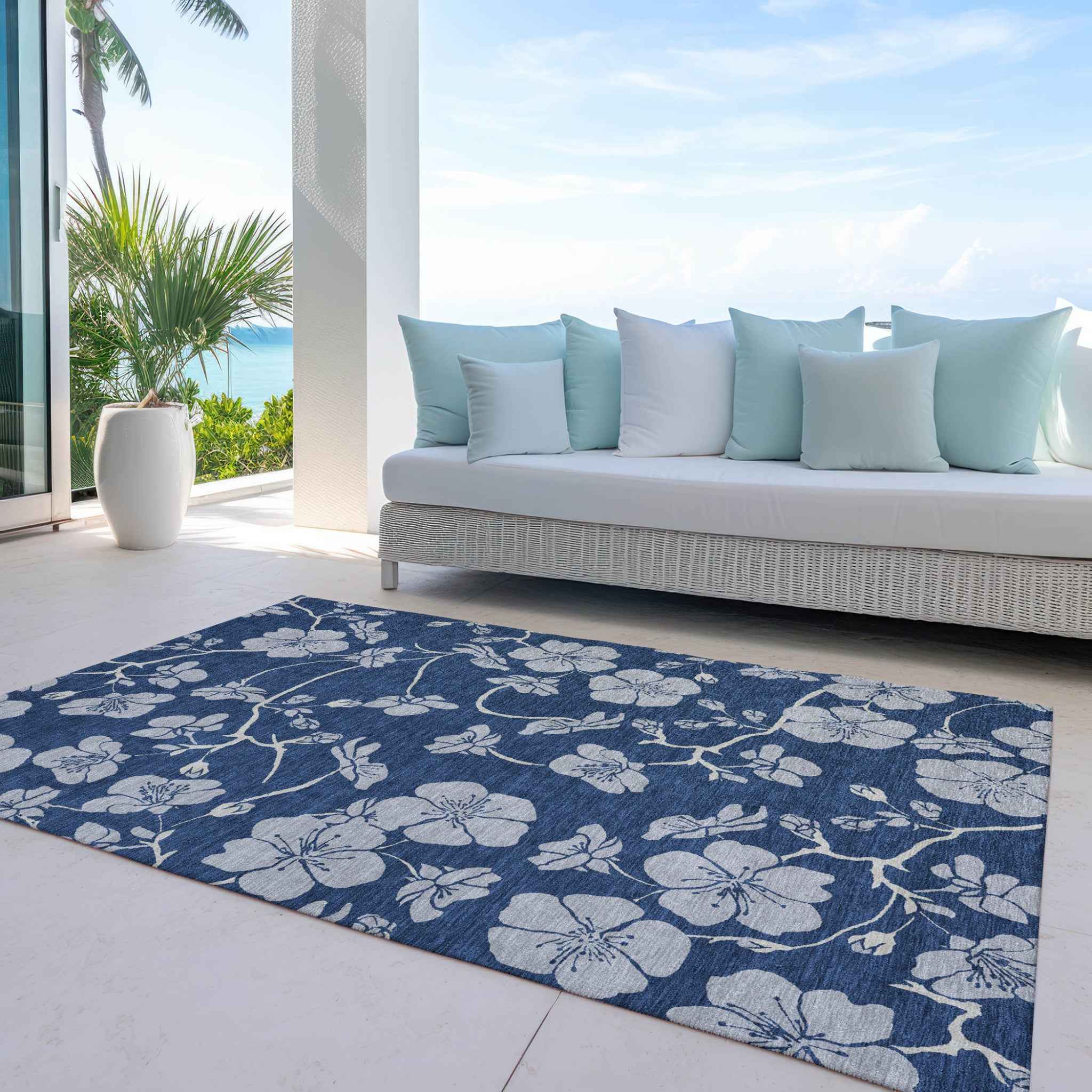 8' X 10' Navy Blue And Gray Floral Washable Indoor Outdoor Area Rug