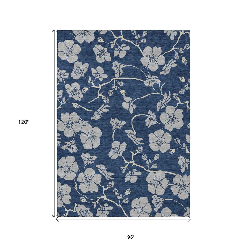 8' X 10' Navy Blue And Gray Floral Washable Indoor Outdoor Area Rug
