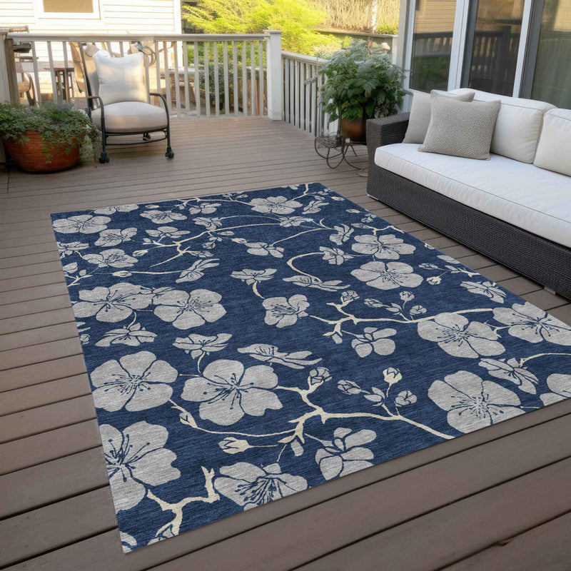 8' X 10' Navy Blue And Gray Floral Washable Indoor Outdoor Area Rug