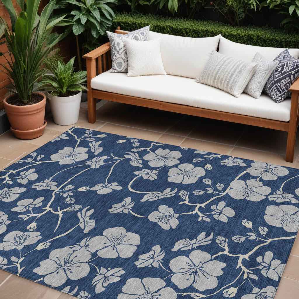8' X 10' Navy Blue And Gray Floral Washable Indoor Outdoor Area Rug