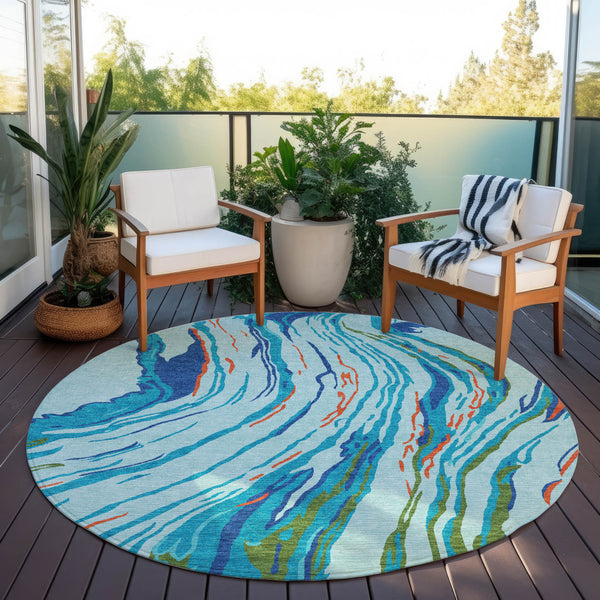 8' Blue Pink And Green Round Abstract Washable Indoor Outdoor Area Rug Default Title