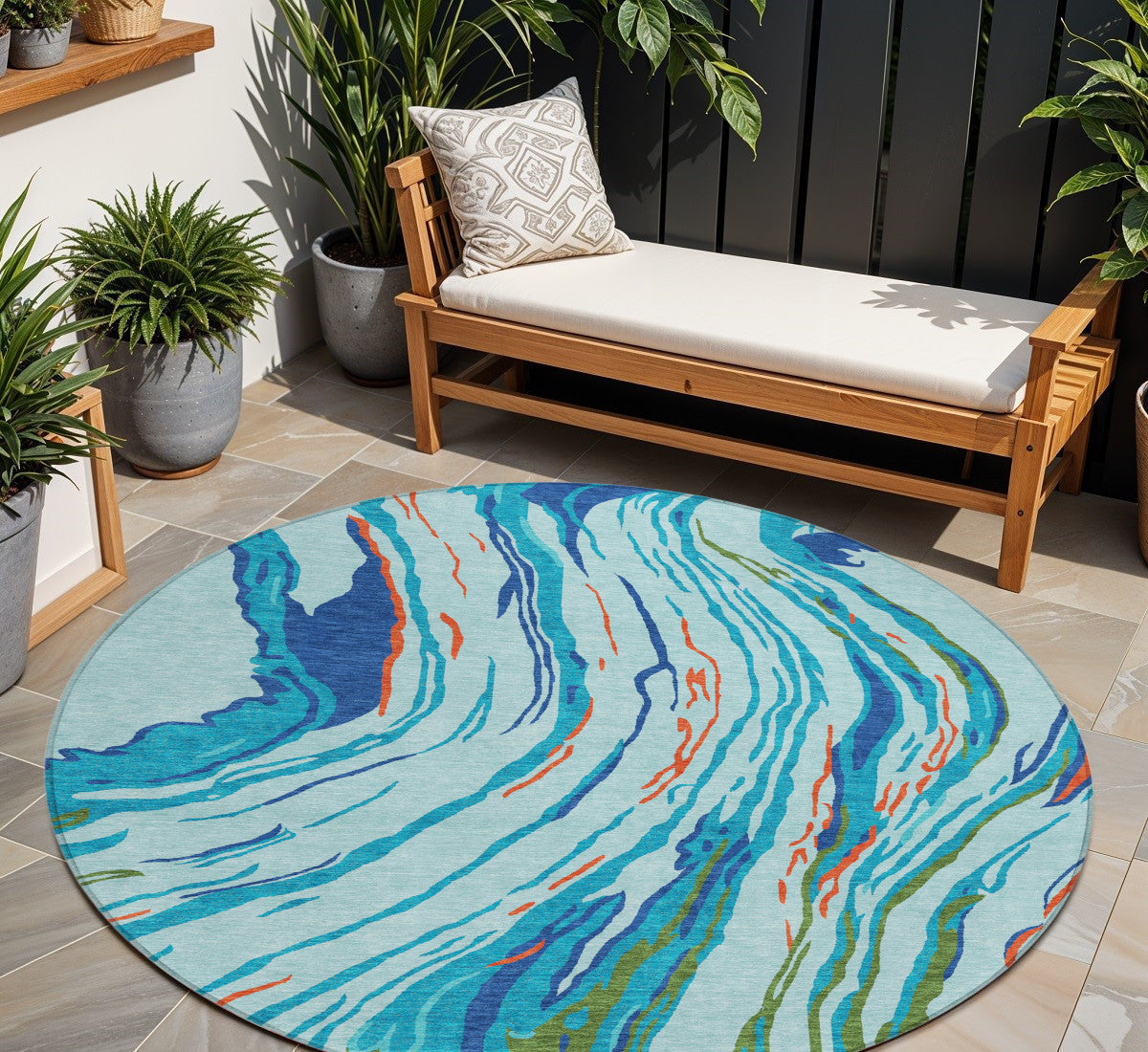 8' Blue Pink And Green Round Abstract Washable Indoor Outdoor Area Rug