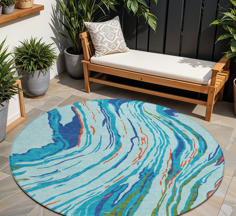 8' Blue Pink And Green Round Abstract Washable Indoor Outdoor Area Rug