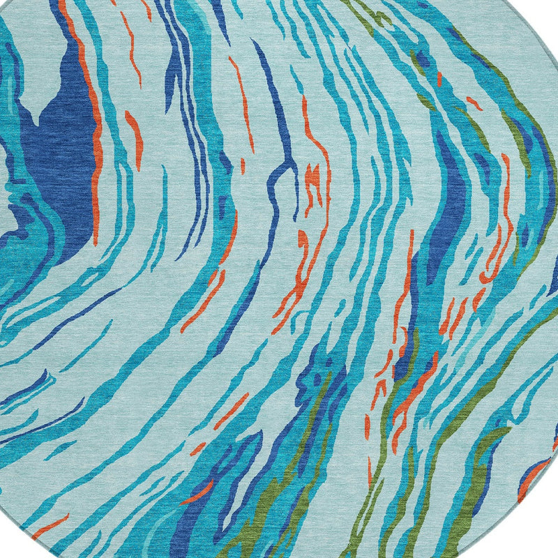 8' Blue Pink And Green Round Abstract Washable Indoor Outdoor Area Rug