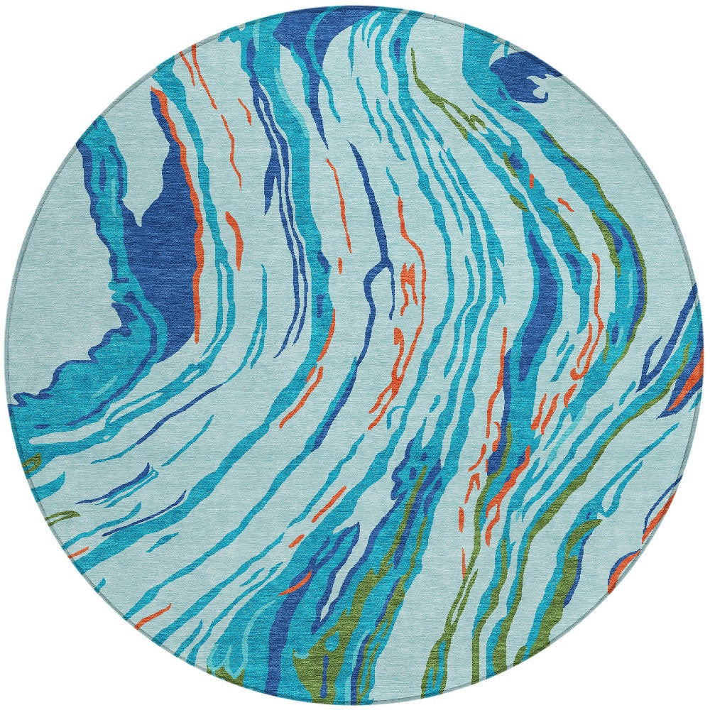 8' Blue Pink And Green Round Abstract Washable Indoor Outdoor Area Rug