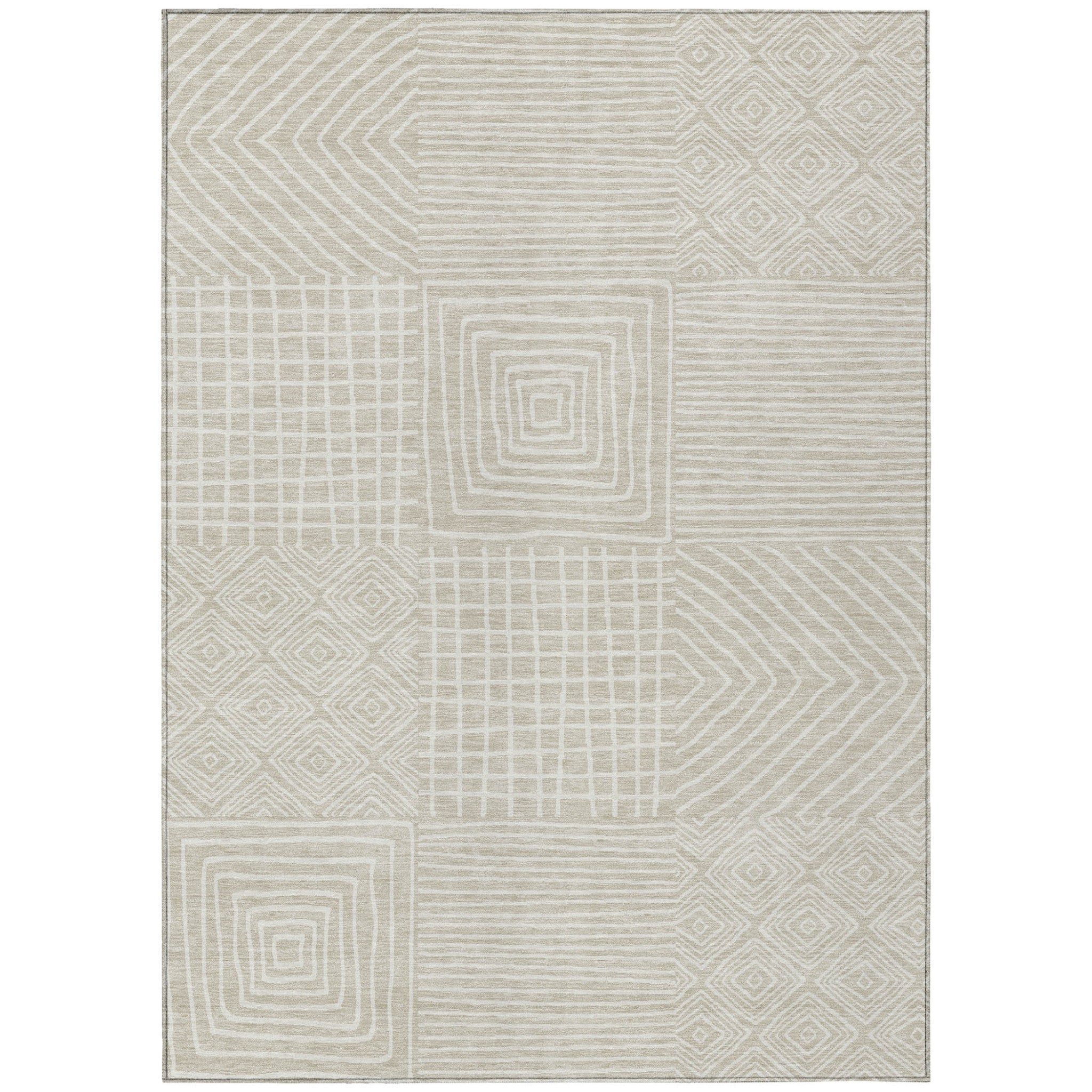 10' X 14' Beige And Ivory Geometric Washable Indoor Outdoor Area Rug - Outdoor